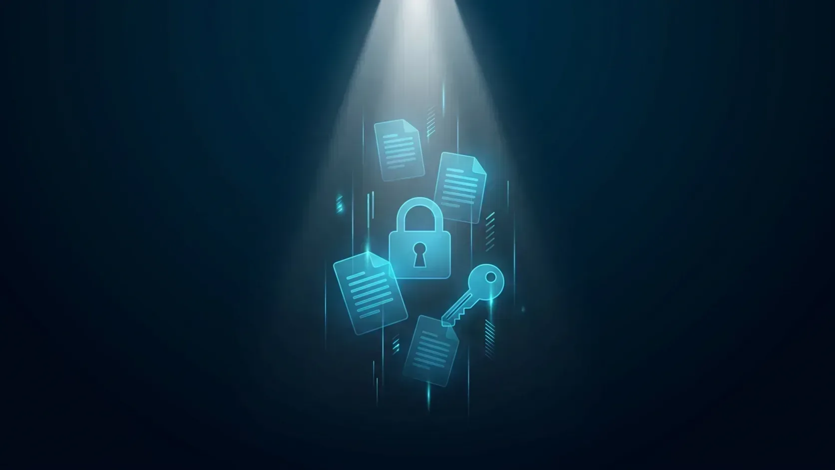 CloudKey Abstract illustration of dark web monitoring: a searchlight beam revealing exposed documents, credentials and keys in dark depths