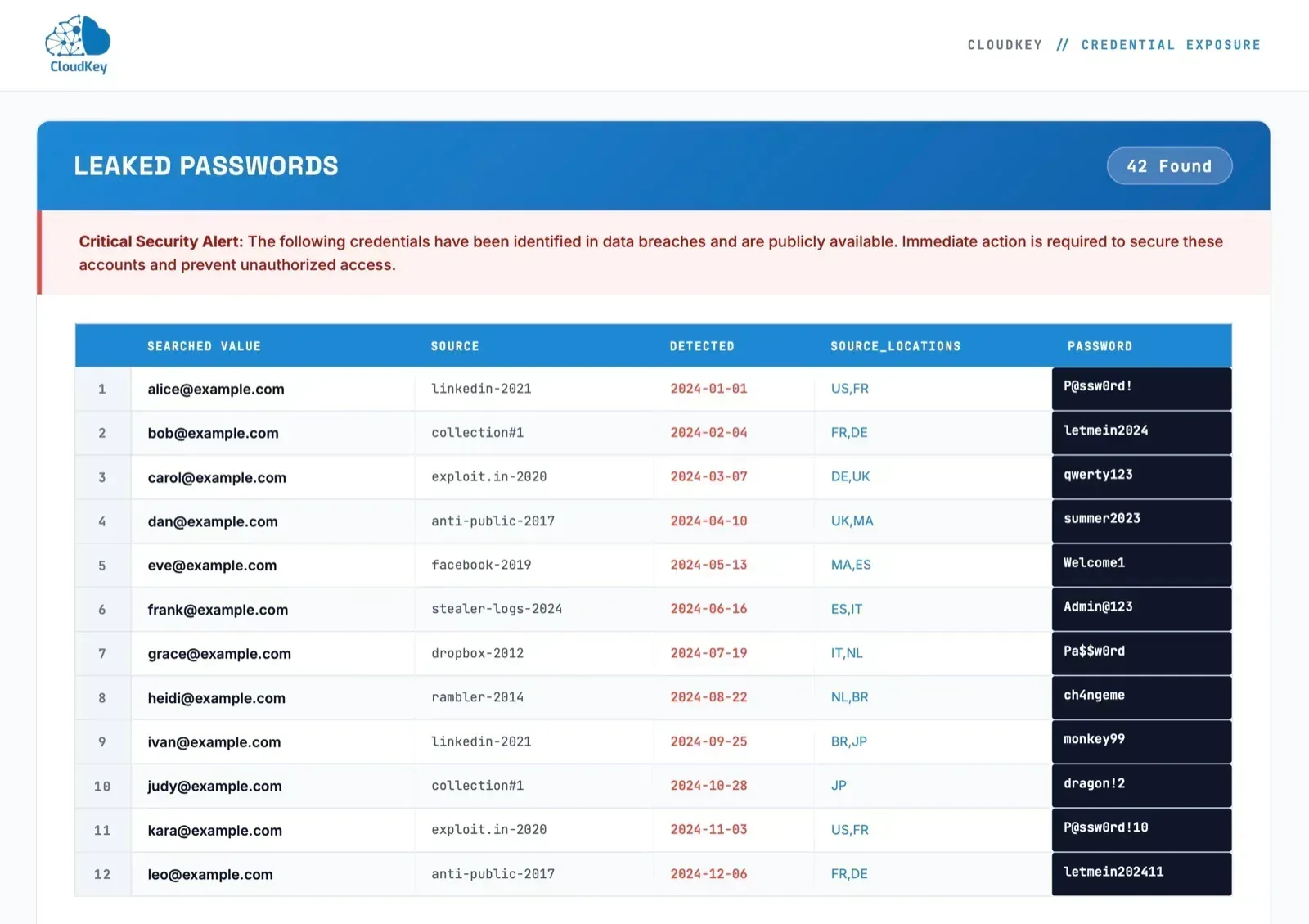 Sample report table of leaked passwords with the searched value, breach source and detection date, prepared for example.com
